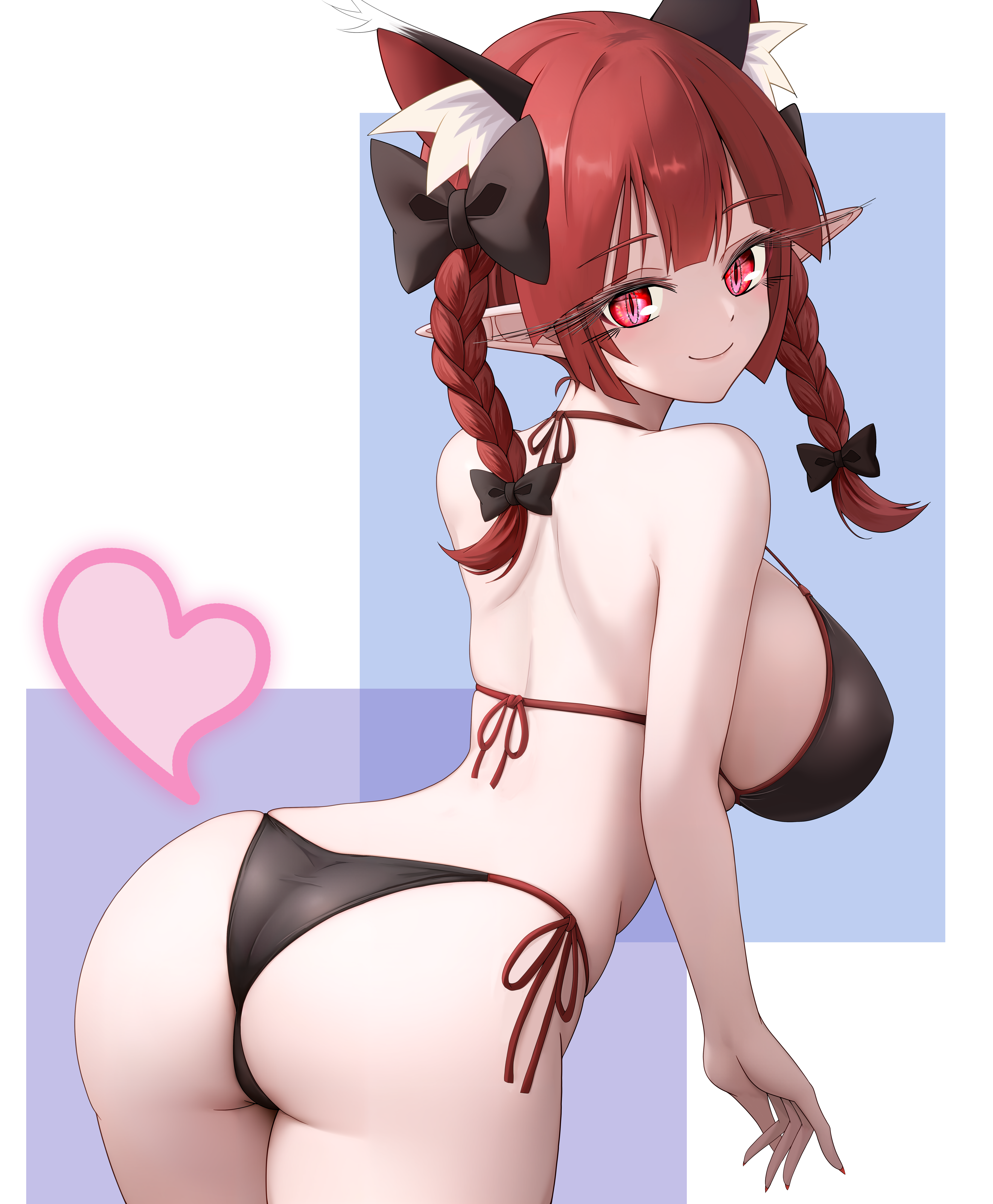 sugar you, kaenbyou rin, touhou, absurdres, highres, 1girl, animal ears, ass, back, bikini, black bikini, black bow, bow, braid, breasts, cat ears, cat girl, closed mouth, curvy, eyelashes, from behind, hair bow, heart, large breasts, long hair, looking at viewer, looking back, median furrow, pointy ears, red eyes, red hair, side-tie bikini bottom, slit pupils, smile, solo, swimsuit, tail, thighs, thong, thong bikini, twin braids, wide hips