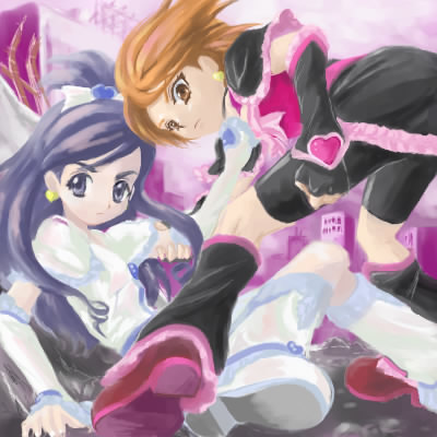 cure black, cure white, misumi nagisa, yukishiro honoka, futari wa precure, precure, lowres, 00s, blue eyes, blue hair, brown eyes, brown hair
