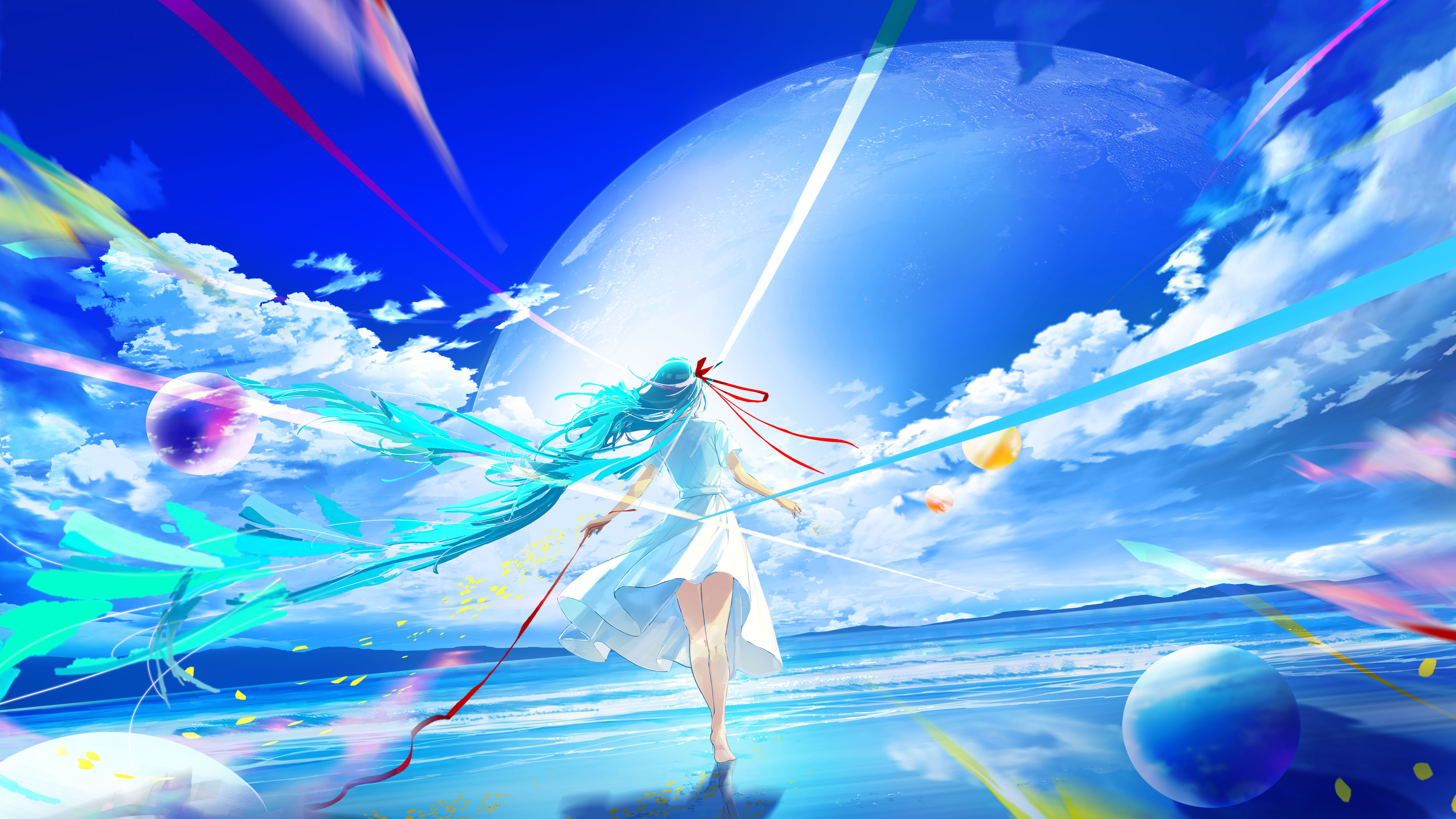makoron117117, hatsune miku, vocaloid, absurdres, commentary request, highres, 1girl, aqua hair, barefoot, beach, blue sky, cloud, dress, facing away, full body, hair ribbon, lens flare, long hair, mountainous horizon, ocean, planet, red ribbon, ribbon, scenery, sky, solo, very long hair, white dress