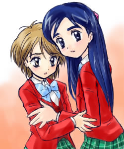 misumi nagisa, yukishiro honoka, futari wa precure, precure, lowres, 00s, blue eyes, blue hair, brown eyes, brown hair, school uniform, serafuku