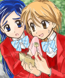 misumi nagisa, yukishiro honoka, futari wa precure, precure, lowres, 00s, blue eyes, blue hair, brown eyes, brown hair, school uniform, serafuku