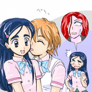 misumi nagisa, yukishiro honoka, futari wa precure, precure, lowres, 00s, blue eyes, blue hair, brown hair, poisonee