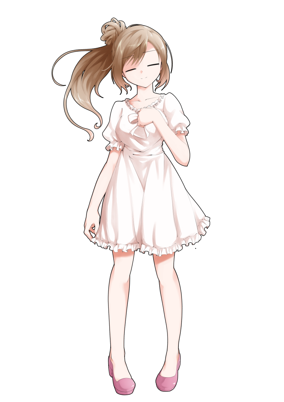 dairi, satou sasara, cevio, commentary request, highres, large variant set, variant set, 1girl, bow, breasts, brown hair, collarbone, dress, dress bow, flats, frilled dress, frills, full body, hair bun, hand on own chest, head tilt, long hair, medium breasts, pink shoes, puffy short sleeves, puffy sleeves, shoes, short sleeves, side ponytail, single hair bun, solo, standing, straight-on, tachi-e, transparent background, white bow, white dress