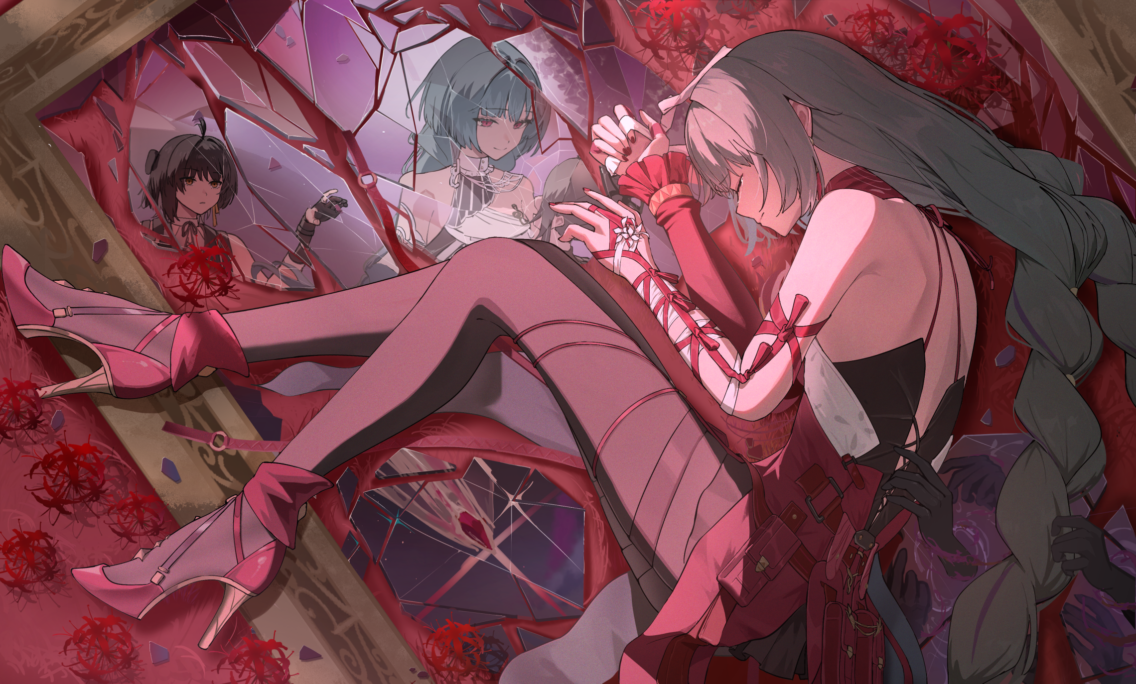 oiro ik, female rover (wuthering waves), phrolova (wuthering waves), rover (wuthering waves), wuthering waves, commentary request, highres, 1girl, bandaged arm, bandages, bare shoulders, black pantyhose, braid, broken glass, closed eyes, closed mouth, crying, different reflection, dress, glass, grey hair, halter dress, halterneck, high heels, long hair, low twin braids, lying, nail polish, on side, pantyhose, red dress, red nails, red shoes, reflection, shoes, shoulder blades, solo, twin braids, very long hair