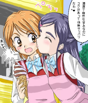 misumi nagisa, yukishiro honoka, futari wa precure, precure, lowres, 00s, blue hair, brown eyes, brown hair, dessert, food, ice cream, ice cream cone, licking