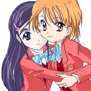 misumi nagisa, yukishiro honoka, futari wa precure, precure, lowres, 00s, blue eyes, blue hair, brown eyes, brown hair, school uniform, serafuku