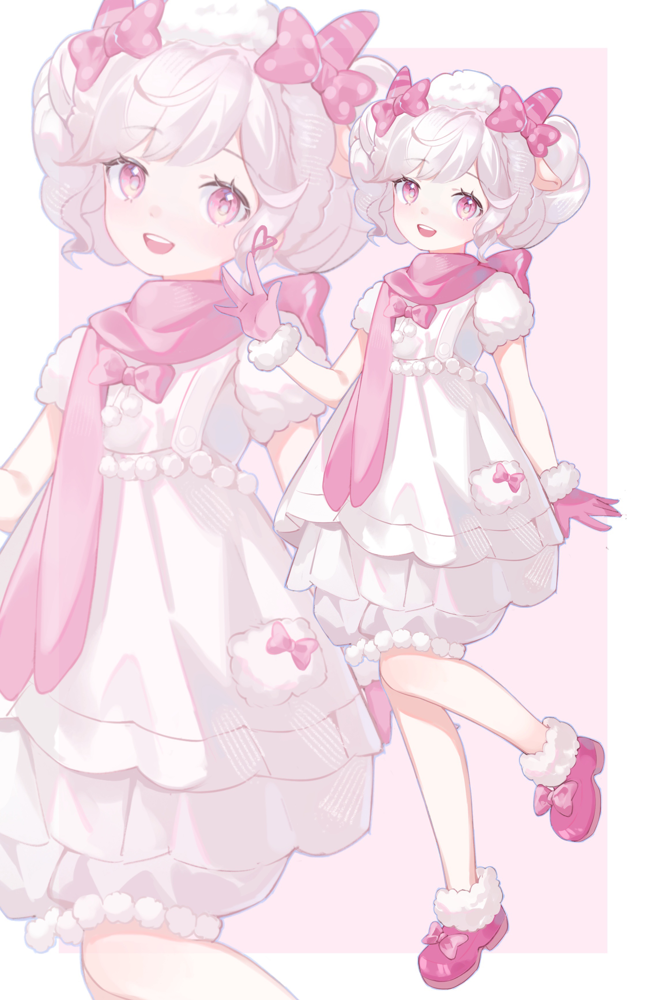 nikki (series), shining nikki, absurdres, highres, 1girl, animal ears, beret, bloomers, border, bow, cosplay, dress, extra ears, eyelashes, fake animal ears, fake horns, footwear bow, frilled dress, frills, full body, fur-trimmed gloves, fur-trimmed shoes, fur hat, fur sleeves, fur trim, gloves, goat ears, goat horns, grey bloomers, hair bow, hand up, happy, hat, horns, light blush, loafers, loose hair strand, mei yangyang, mei yangyang (cosplay), open mouth, outside border, pink background, pink bow, pink eyes, pink gloves, pink horns, pink scarf, pink shoes, pink snowprint (shining nikki), polka dot, polka dot bow, puffy short sleeves, puffy sleeves, scarf, shoes, short dress, short hair, short sleeves, smile, solo, standing, striped horns, tachi-e, teeth, underwear, upper teeth only, waving, white border, white dress, white hair, white hat, xiyangyang yu huitailang, yutoutoutoutoutou, zoom layer