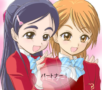 misumi nagisa, yukishiro honoka, futari wa precure, precure, lowres, 00s, 2girls, blue eyes, blue hair, brown eyes, brown hair, multiple girls, school uniform, serafuku