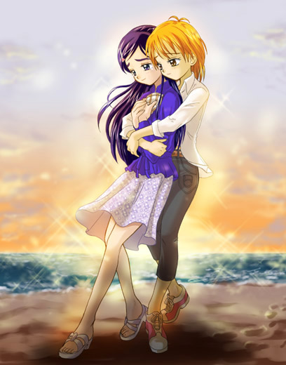 misumi nagisa, yukishiro honoka, futari wa precure, precure, 00s, 2girls, beach, blue eyes, blue hair, brown eyes, brown hair, hug, hug from behind, multiple girls, sunset, yuri