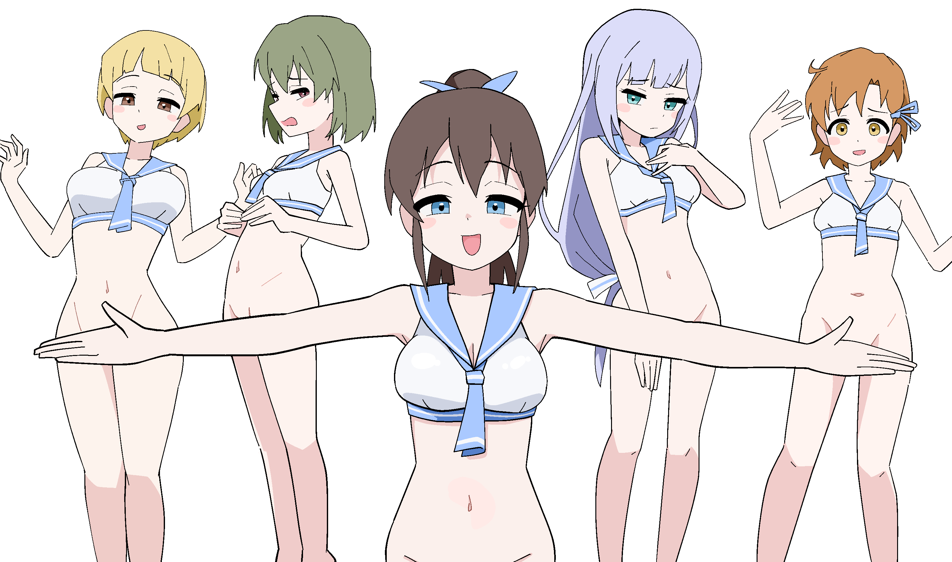 ohgi910, fukuda noriko, nagayoshi subaru, satake minako, shiraishi tsumugi, yabuki kana, idolmaster, idolmaster million live!, idolmaster million live! theater days, highres, 5girls, ahoge, bikini, bikini top only, blonde hair, blue eyes, blue hair, blue neckerchief, blue sailor collar, blush, bottomless, breasts, brown eyes, brown hair, cleavage, closed mouth, convenient censoring, green hair, groin, long hair, looking at viewer, low-tied long hair, multiple girls, navel, neckerchief, open mouth, outstretched arms, ponytail, sailor bikini, sailor collar, sailor swimsuit (idolmaster), short hair, simple background, smile, spread arms, standing, swimsuit, white background, white bikini