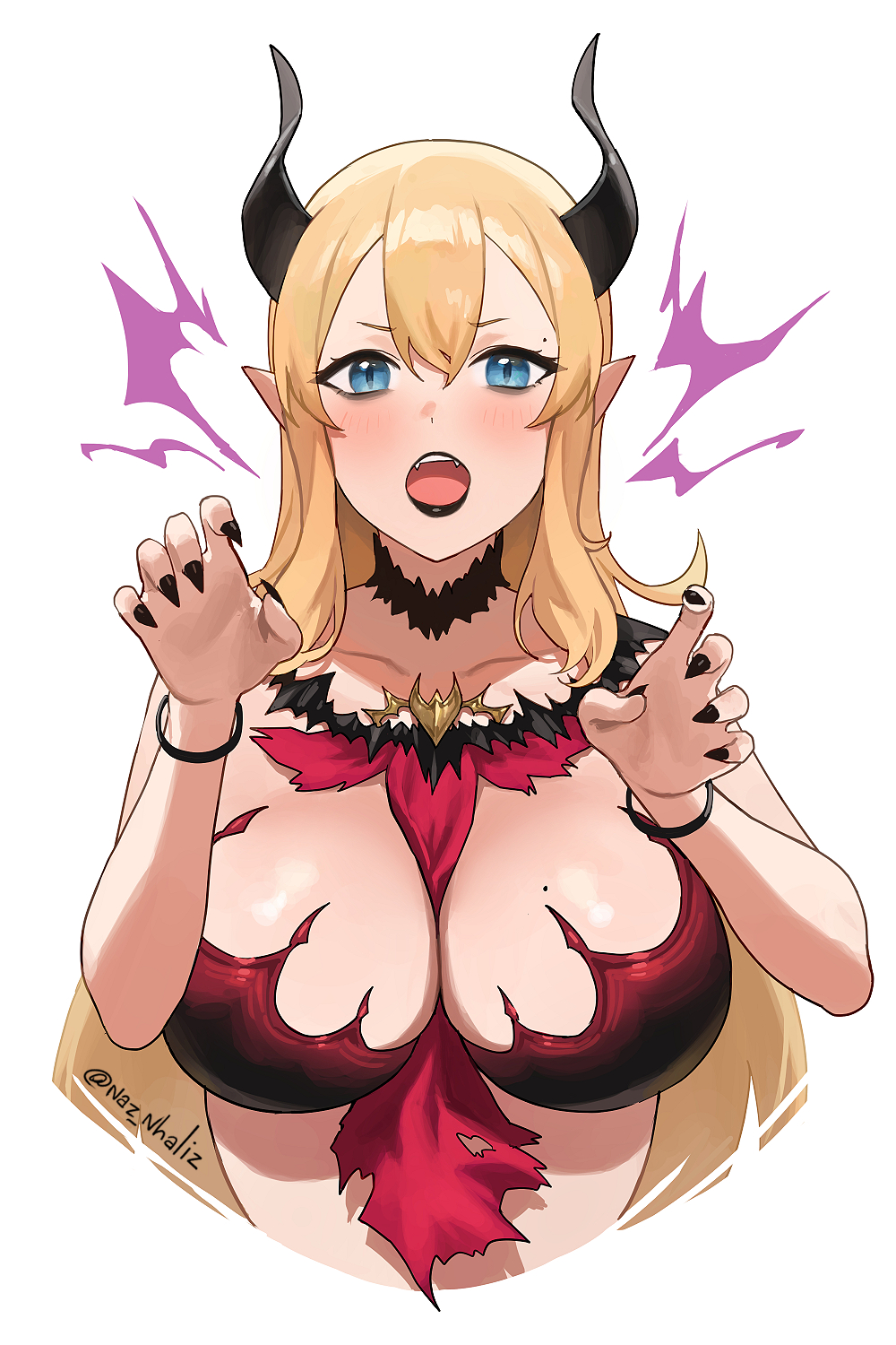 nhaliz, claire lamund (nhaliz), original, highres, 1girl, between breasts, black collar, black horns, black lips, blonde hair, blue eyes, blush, breasts, collar, collarbone, detached collar, horns, large breasts, long hair, mole, mole above eye, mole on breast, open mouth, pointy ears, solo, twitter username, upper body