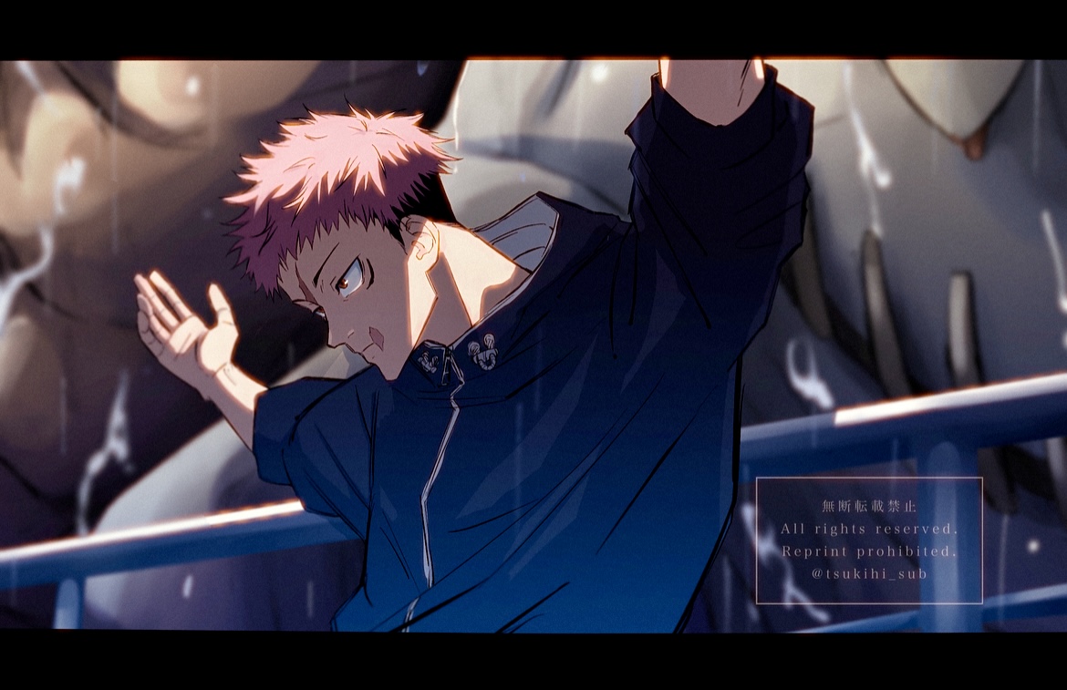 lllou illust, itadori yuuji, jujutsu kaisen, 1boy, black hair, blue jacket, closed mouth, english text, hands up, head down, high collar, jacket, letterboxed, male focus, multicolored hair, pink hair, red eyes, scar, scar on face, short hair, solo, two-tone hair, upper body