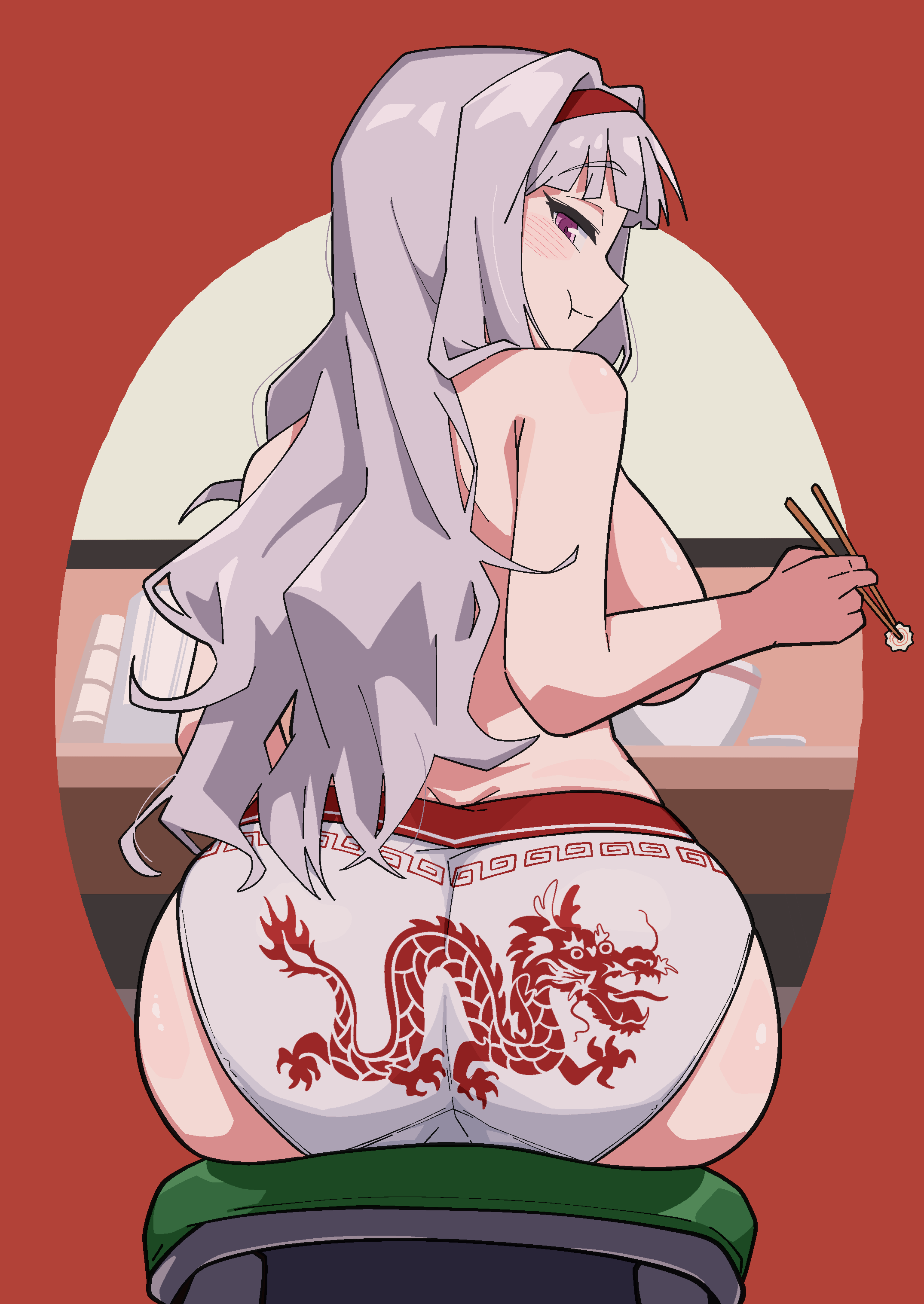 ohgi910, shijou takane, idolmaster, idolmaster (classic), absurdres, highres, 1girl, :t, ass, back, blush, breasts, chewing, chopsticks, closed mouth, dragon print, eating, food, from behind, grey hair, hairband, holding, holding chopsticks, kamaboko, large breasts, long hair, looking back, narutomaki, panties, print panties, purple eyes, red background, red hairband, sitting, solo, topless female, underwear, underwear only, white panties