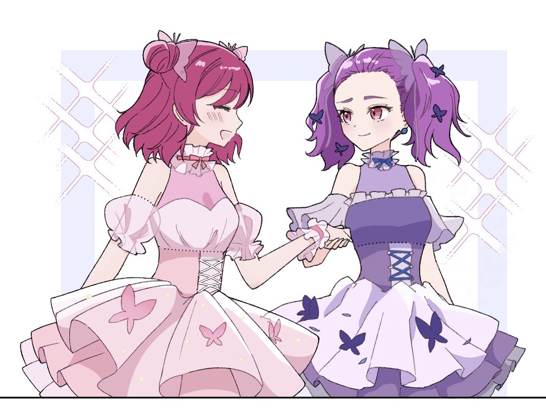 mimino kurumi, yumehara nozomi, precure, yes! precure 5, yes! precure 5 gogo!, commentary request, 2girls, avbp9 8, blush, choker, closed eyes, closed mouth, detached sleeves, double bun, dress, earrings, frilled choker, frilled wrist cuffs, frills, hair bun, holding hands, jewelry, layered dress, light blush, looking at another, mimino kurumi (lafary), multiple girls, petals, pink dress, pink eyes, pink hair, puffy short sleeves, puffy sleeves, purple dress, purple hair, ribbon, rose petals, see-through clothes, see-through sleeves, short hair, short sleeves, simple background, sparkle, thick eyebrows, twintails, white background, wrist cuffs, yumehara nozomi (lafary)