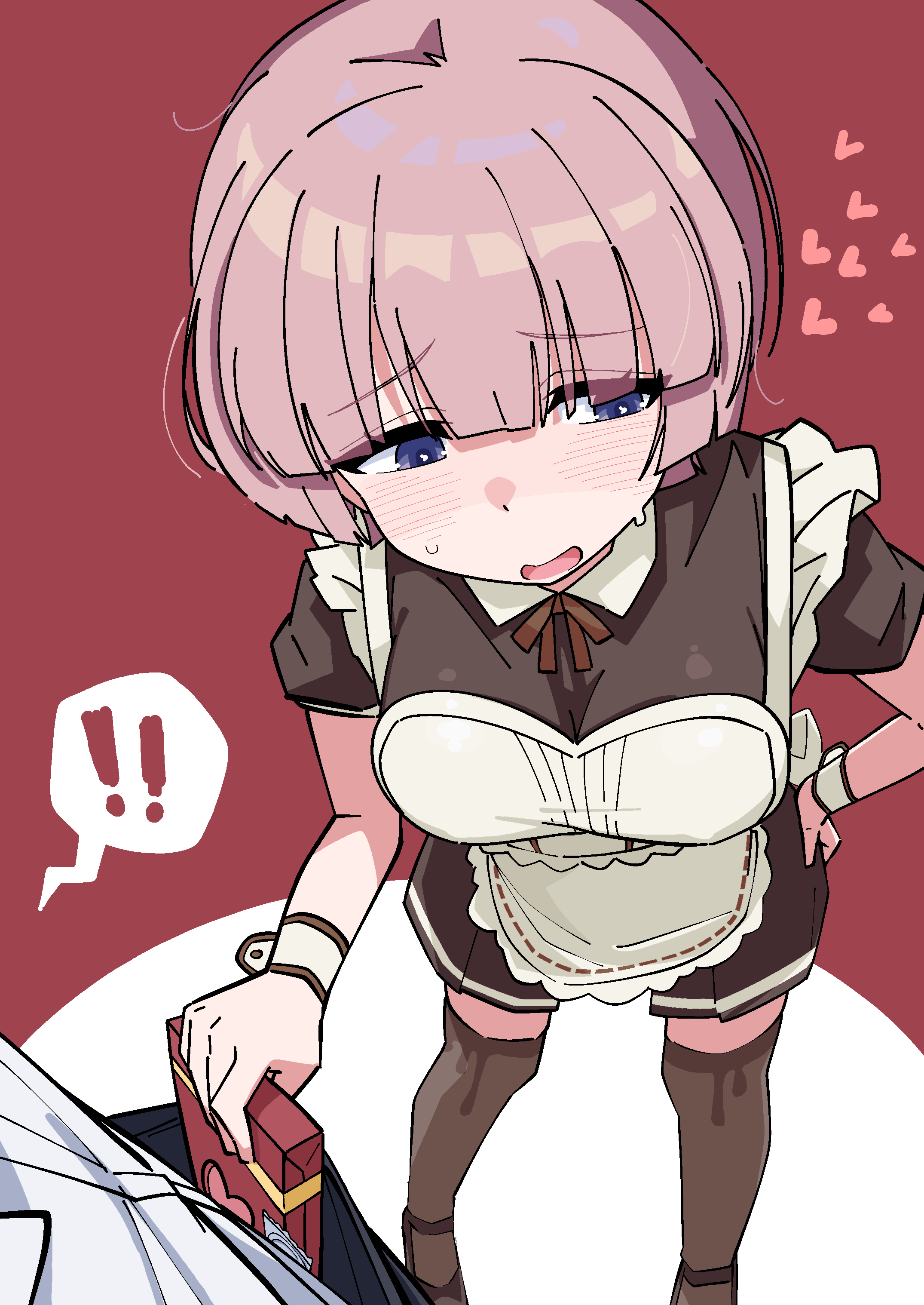 ohgi910, idolmaster, absurdres, character request, highres, !, 1boy, 1girl, apron, black thighhighs, blue eyes, breasts, heart, large breasts, maid, open mouth, pink hair, puffy short sleeves, puffy sleeves, short sleeves, solo focus, spoken exclamation mark, thighhighs