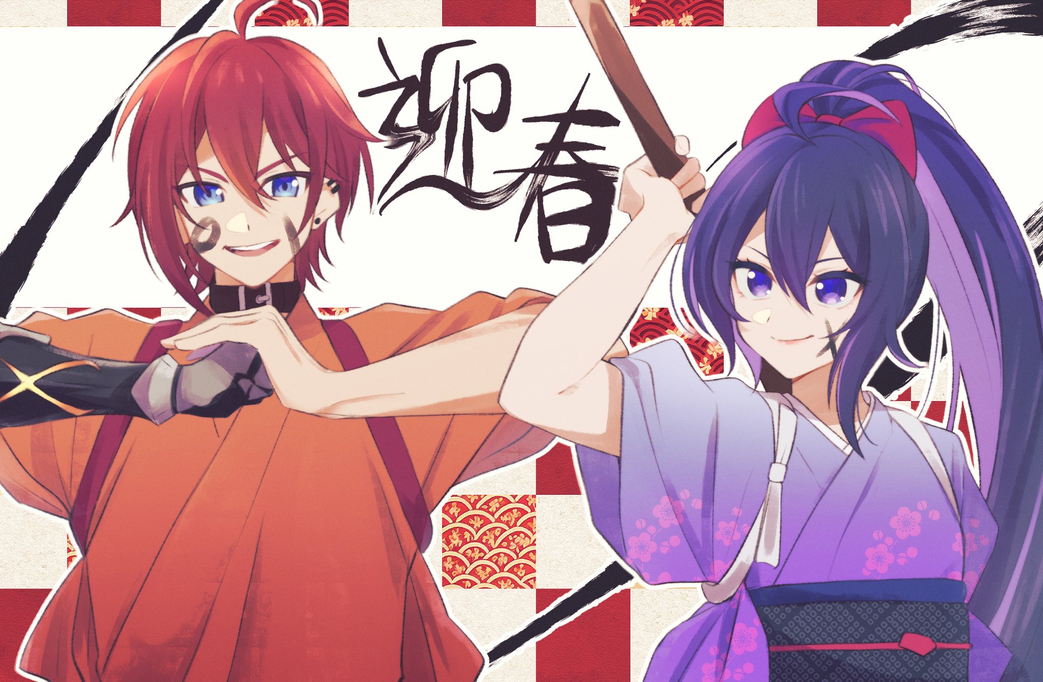 rei91322, luka (honkai: star rail), seele (honkai: star rail), honkai: star rail, honkai (series), highres, 1boy, 1girl, blue eyes, bow, hair bow, japanese clothes, kimono, long hair, mechanical arms, open mouth, ponytail, purple eyes, purple hair, red hair, short hair, single mechanical arm