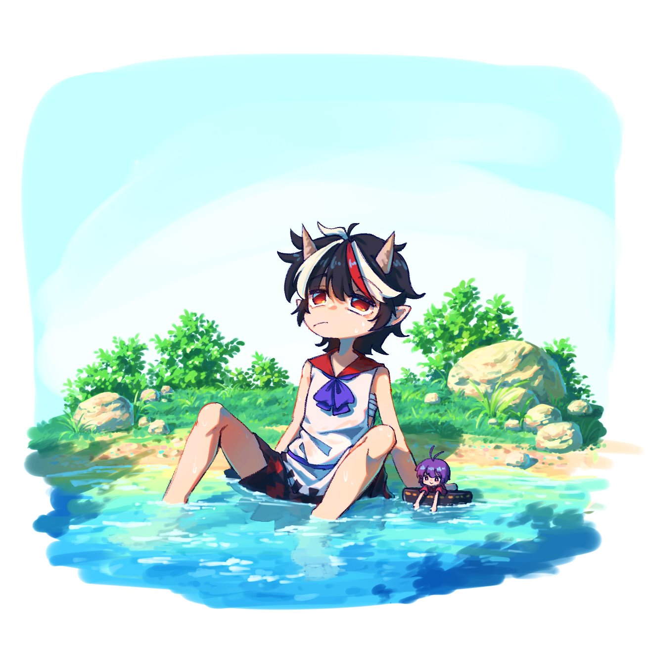 suteruko, kijin seija, sukuna shinmyoumaru, touhou, highres, alternate costume, antenna hair, bowl, fundoshi, grass, horns, japanese clothes, multicolored hair, multiple girls, pointy ears, sitting, water