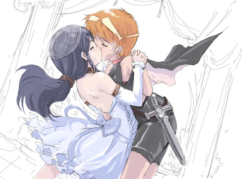 misumi nagisa, yukishiro honoka, futari wa precure, precure, 00s, blue hair, brown hair, kiss, sword, weapon