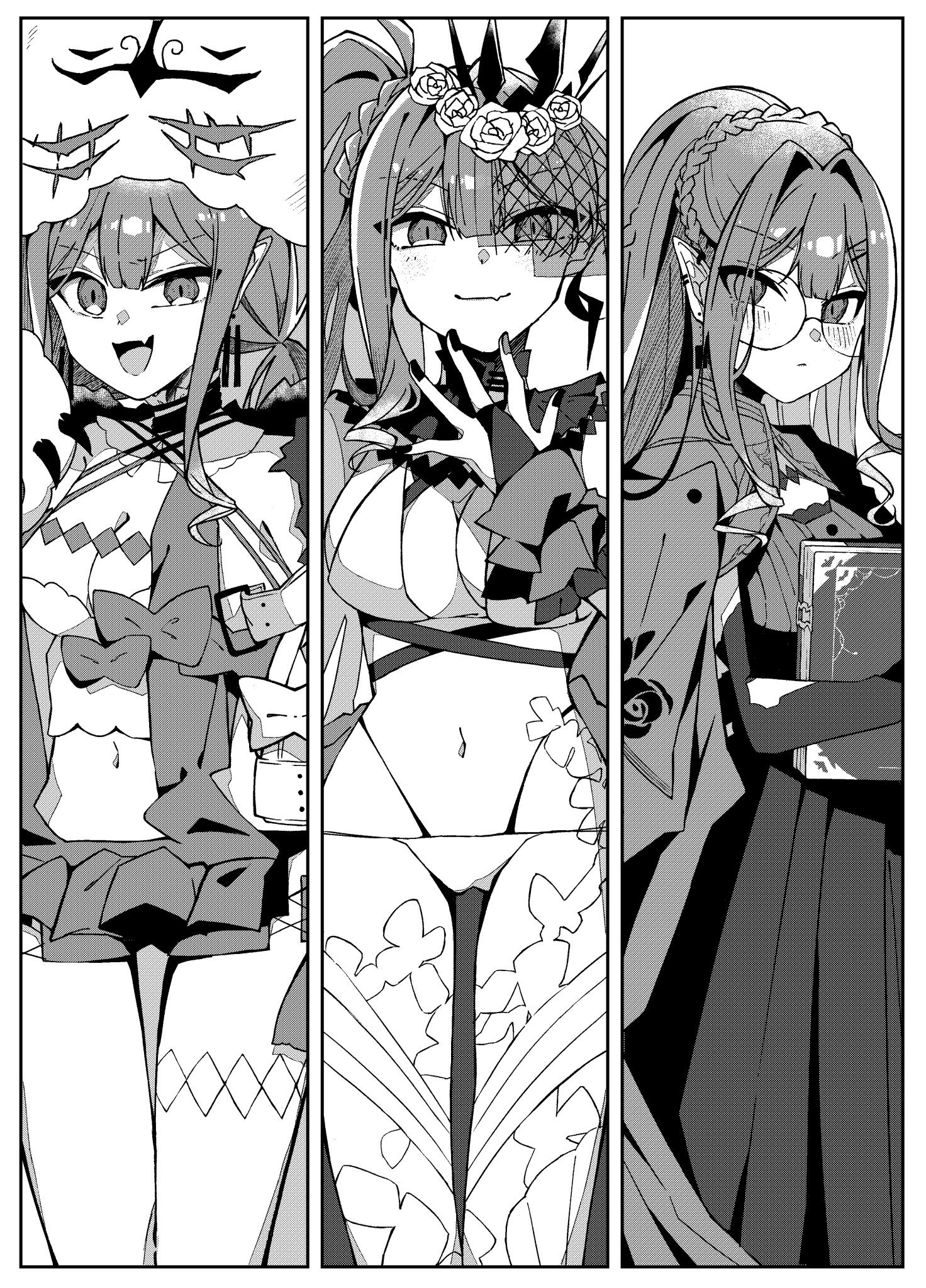 baobhan sith (fate), baobhan sith (swimsuit pretender) (first ascension) (fate), baobhan sith (swimsuit pretender) (second ascension) (fate), baobhan sith (swimsuit pretender) (third ascension) (fate), cernunnos (fate), fate/grand order, fate (series), highres, 1girl, blush, book, breasts, dress, fang, glasses, greyscale, large breasts, long hair, monochrome, multiple views, open mouth, sakuraoaf5, side ponytail, swimsuit