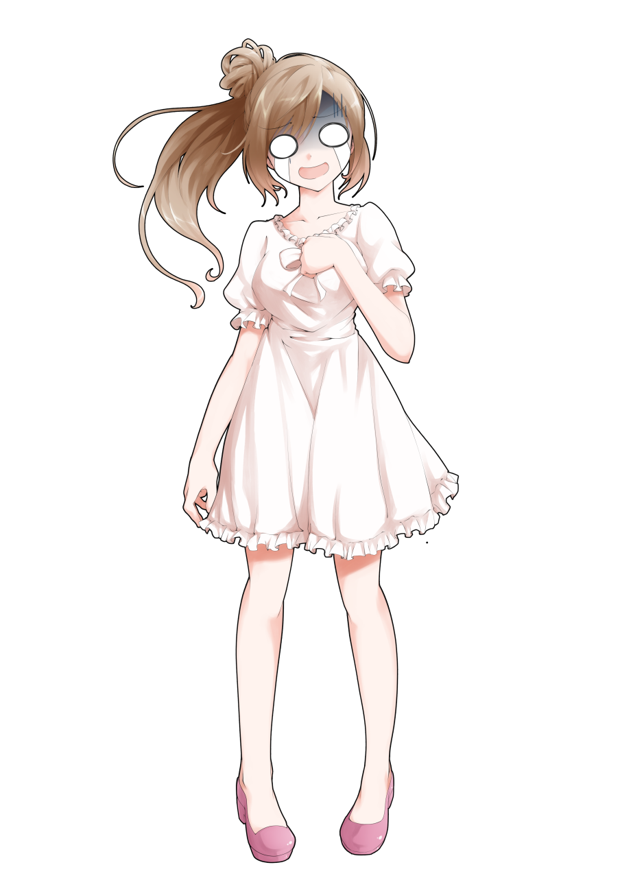 dairi, satou sasara, cevio, commentary request, highres, large variant set, variant set, 1girl, bow, breasts, brown hair, collarbone, dress, dress bow, flats, frilled dress, frills, full body, hair bun, hand on own chest, head tilt, long hair, medium breasts, pink shoes, puffy short sleeves, puffy sleeves, shoes, short sleeves, side ponytail, single hair bun, solo, standing, straight-on, tachi-e, transparent background, white bow, white dress