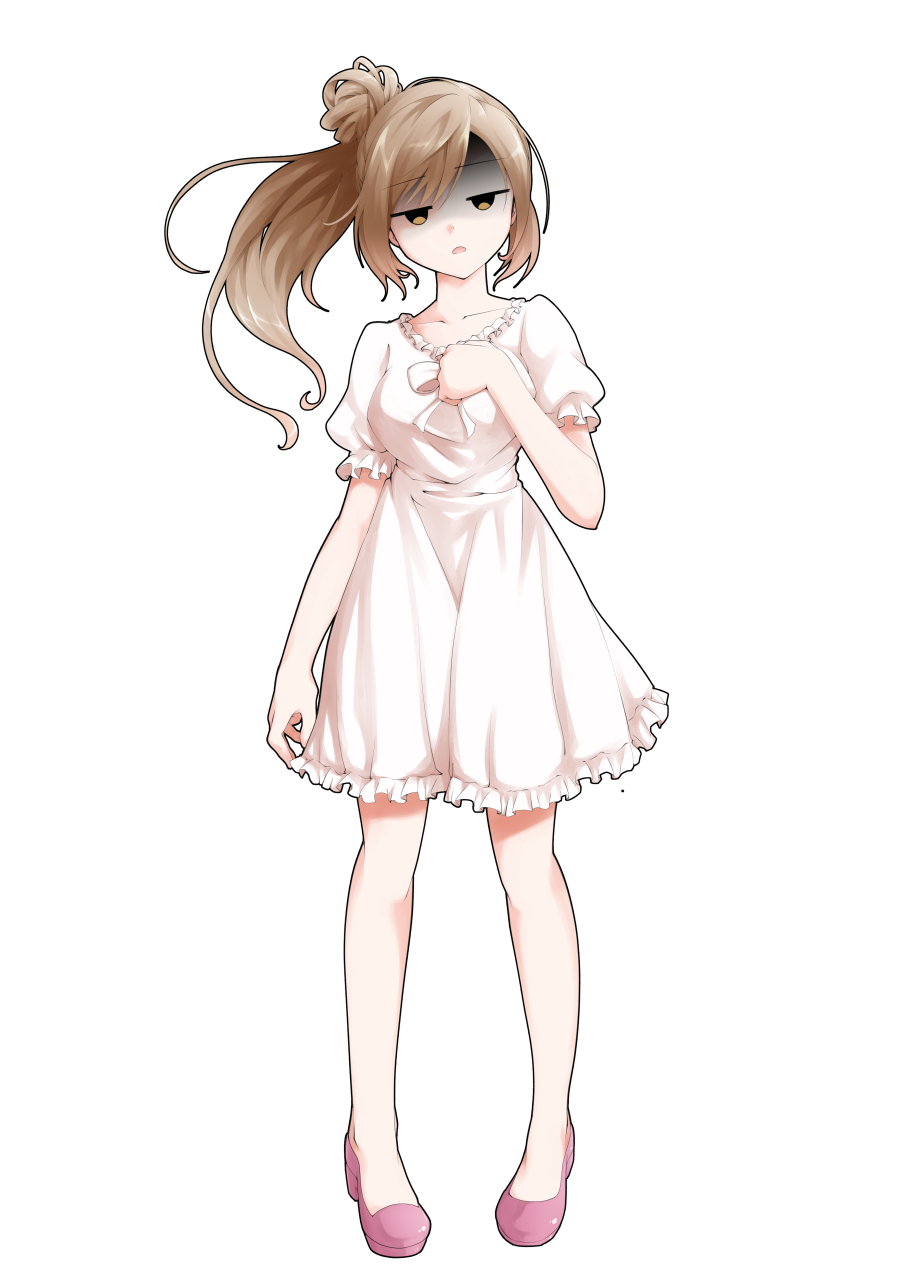 dairi, satou sasara, cevio, commentary request, highres, large variant set, variant set, 1girl, bow, breasts, brown hair, collarbone, dress, dress bow, flats, frilled dress, frills, full body, hair bun, hand on own chest, head tilt, long hair, medium breasts, pink shoes, puffy short sleeves, puffy sleeves, shaded face, shoes, short sleeves, side ponytail, single hair bun, solo, standing, straight-on, tachi-e, transparent background, white bow, white dress