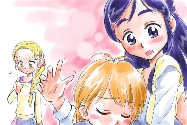 kujou hikari, misumi nagisa, yukishiro honoka, futari wa precure, futari wa precure max heart, precure, 00s, blonde hair, blue eyes, blue hair, brown hair, green eyes