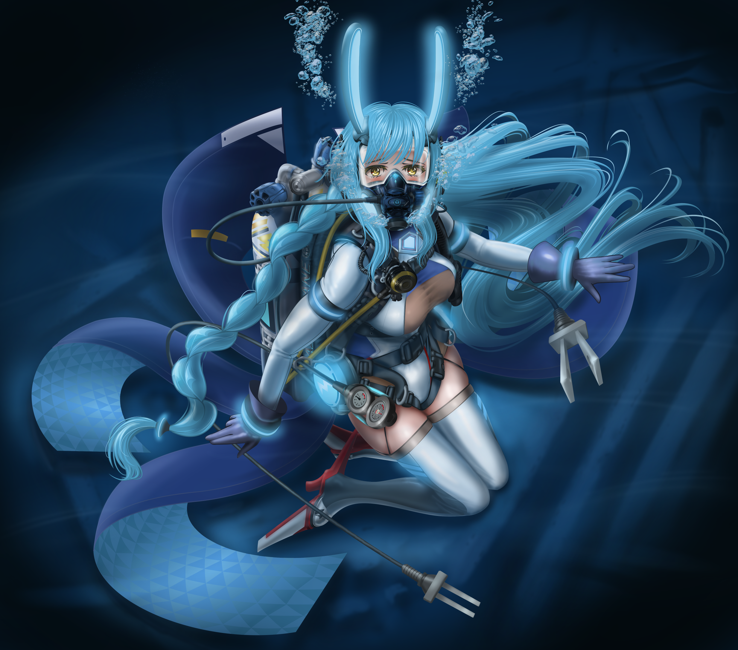 ink b.p., boise (azur lane), azur lane, commentary request, highres, 1girl, air bubble, animal ears, aqua hair, blue gloves, breasts, bubble, fake animal ears, full body, gloves, glowing, highleg, highleg leotard, leotard, long hair, long sleeves, looking at viewer, mask, medium breasts, mouth mask, oxygen mask, oxygen tank, rabbit ears, scuba tank, solo, thighhighs, underwater, very long hair, white leotard, white thighhighs, yellow eyes