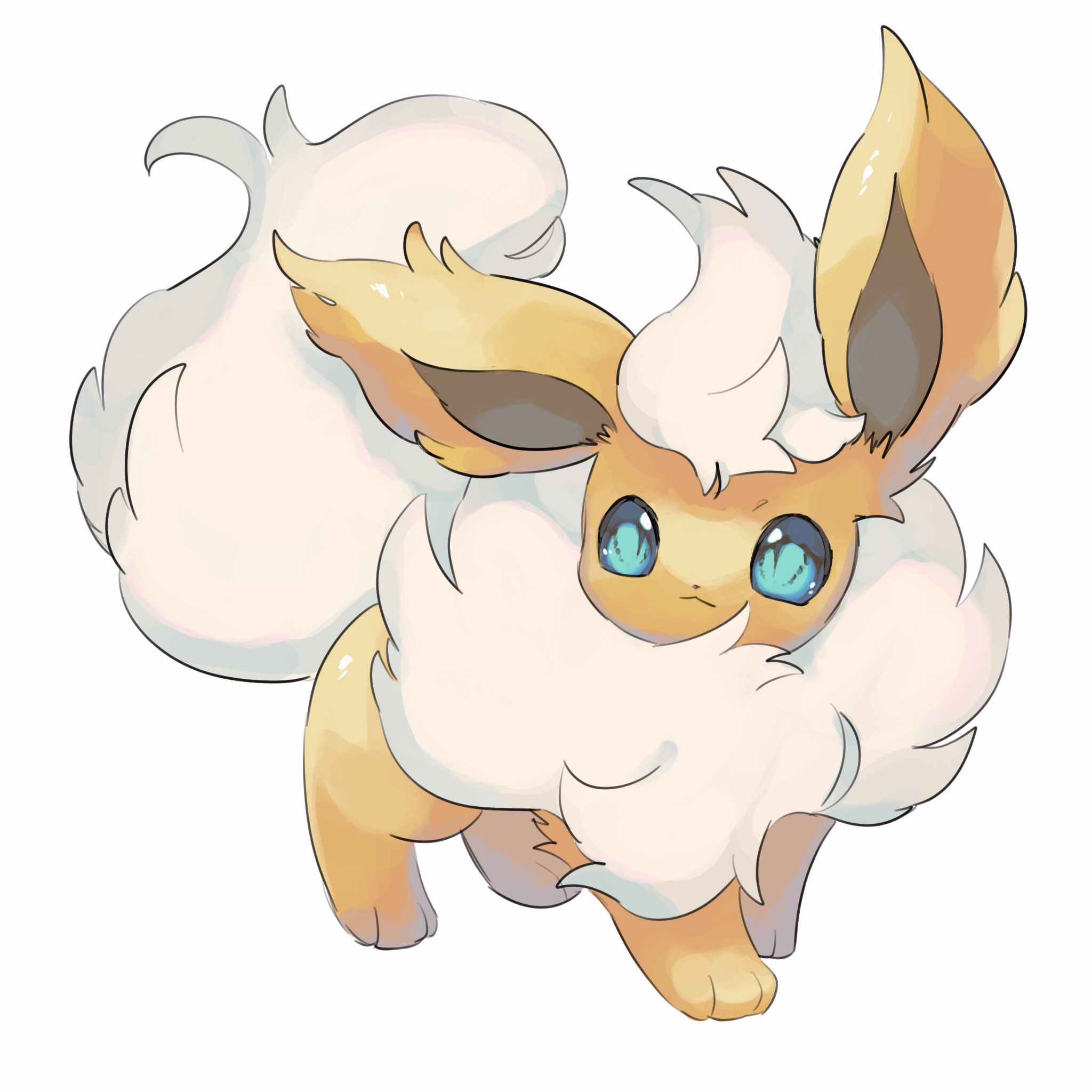 merino (merino 9999), flareon, nintendo, pokemon, highres, aqua eyes, closed mouth, full body, gen 1 pokemon, no humans, pokemon (creature), pokemon focus, solo, standing, white background