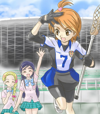 kujou hikari, misumi nagisa, yukishiro honoka, futari wa precure, futari wa precure max heart, precure, lowres, 00s, blonde hair, blue hair, brown eyes, brown hair, school uniform, serafuku