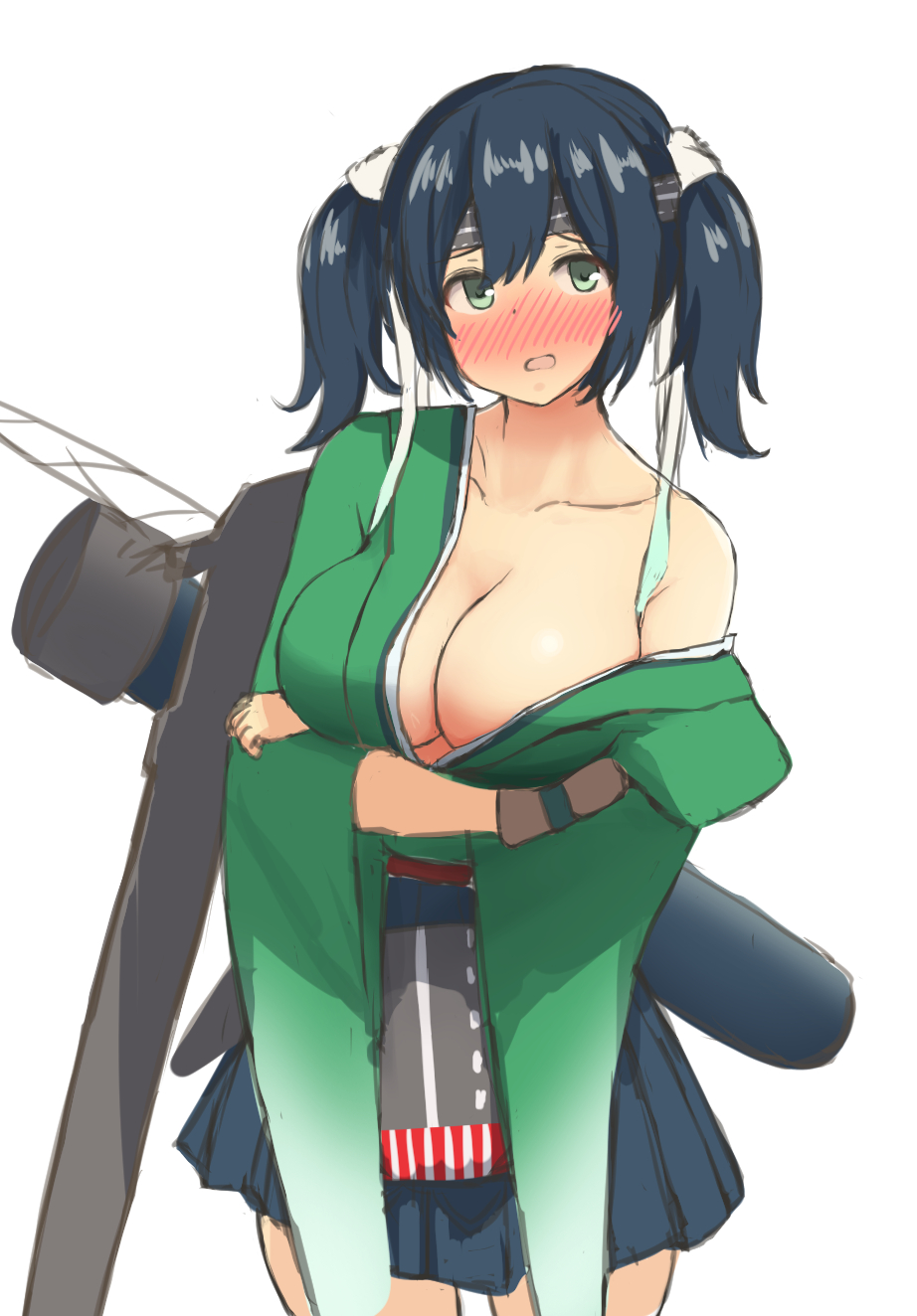 titan mk.ii, souryuu (kancolle), kantai collection, highres, 1girl, blue eyes, blue hair, blush, breasts, embarrassed, flight deck, gloves, green hakama, green kimono, hair ribbon, hakama, hakama short skirt, hakama skirt, japanese clothes, kimono, large breasts, long hair, looking at viewer, muneate, open mouth, partially fingerless gloves, partly fingerless gloves, ribbon, short hair, skirt, solo, twintails, yugake