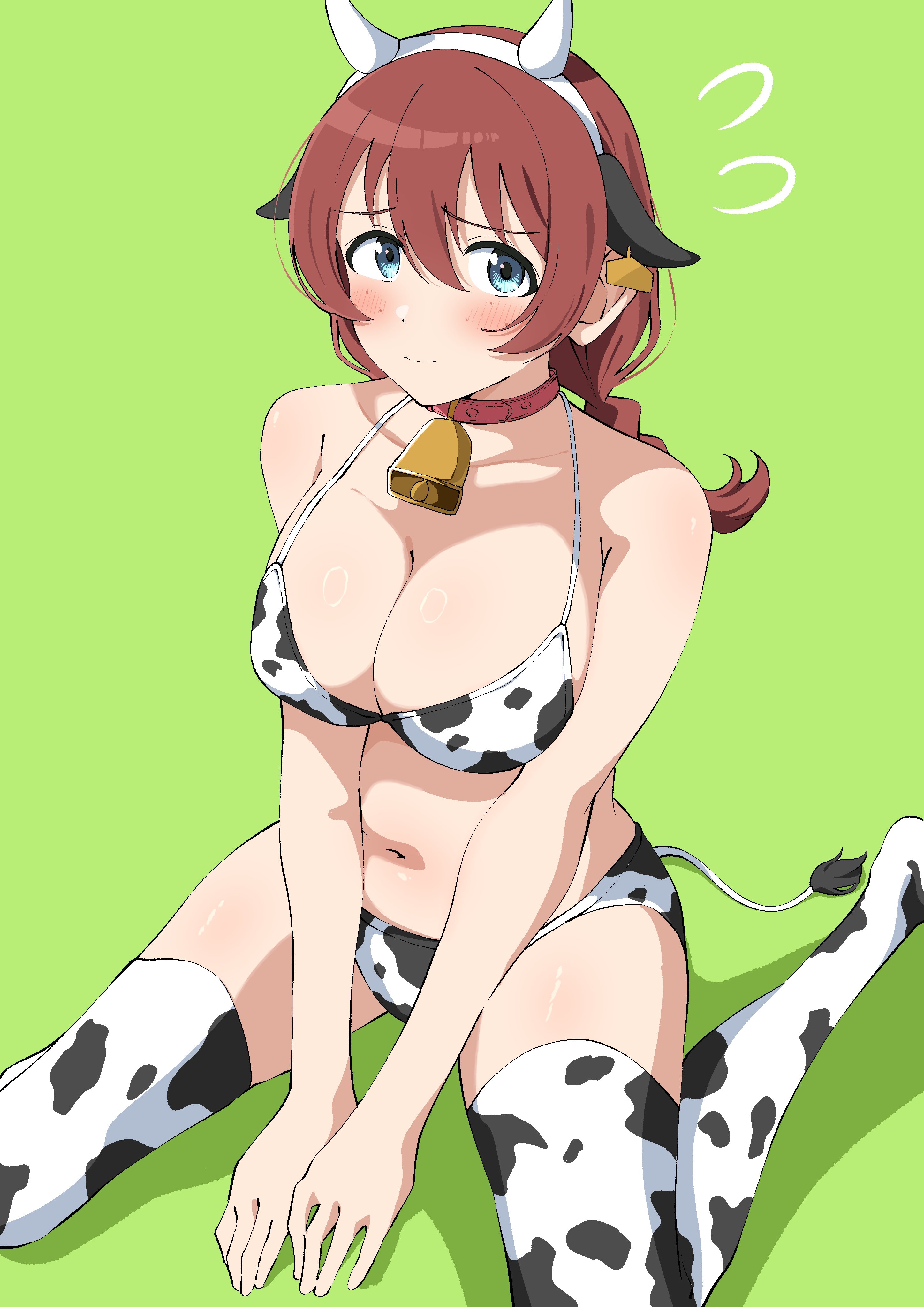 uchuu no mozuku, emma verde, love live!, love live! nijigasaki high school idol club, absurdres, highres, 1girl, animal ears, animal print, bell, bikini, blue eyes, blush, braid, breasts, collar, cow ears, cow horns, cow print, cow print bikini, cow tail, embarrassed, fake tail, green background, horns, large breasts, long hair, looking at viewer, navel, print bikini, red hair, single braid, sitting, smile, solo, swimsuit, tail, thighhighs, twin braids