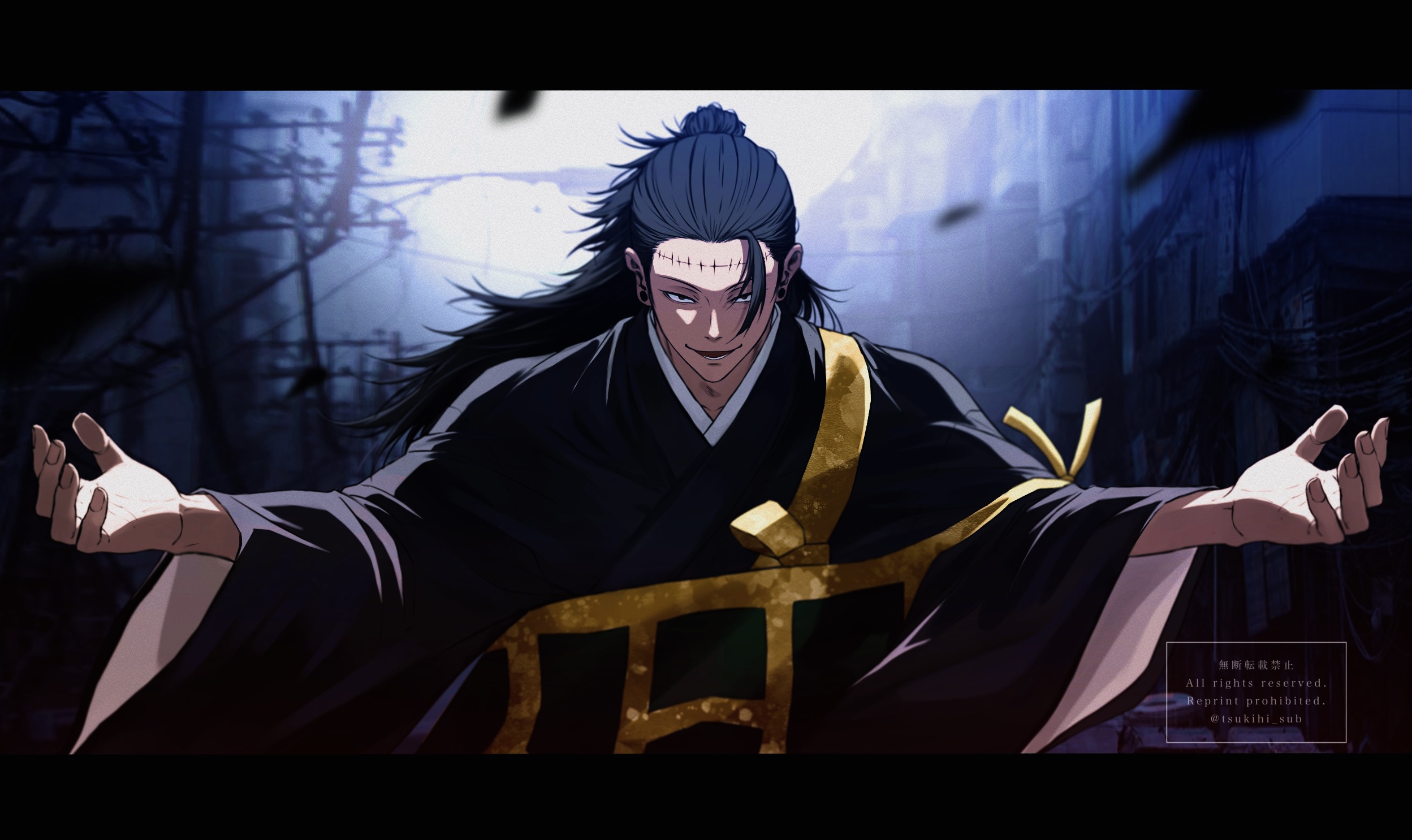 lllou illust, getou suguru, getou suguru (kenjaku), kenjaku, jujutsu kaisen, highres, 1boy, black eyes, black hair, collarbone, english text, hair bun, letterboxed, long hair, looking at viewer, lower teeth only, male focus, open mouth, outdoors, outstretched arms, smile, solo, stitched face, stitches, teeth, watermark, wide sleeves