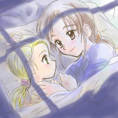 fujita akane, kujou hikari, futari wa precure, futari wa precure max heart, precure, artist request, lowres, source request, 00s, 2girls, bed, blonde hair, blush, brown eyes, brown hair, eye contact, female focus, green eyes, hand on another's head, hand on another's shoulder, indoors, looking at another, low ponytail, lying, multiple girls, pillow, ponytail, shared blanket, smile, under covers, yuri