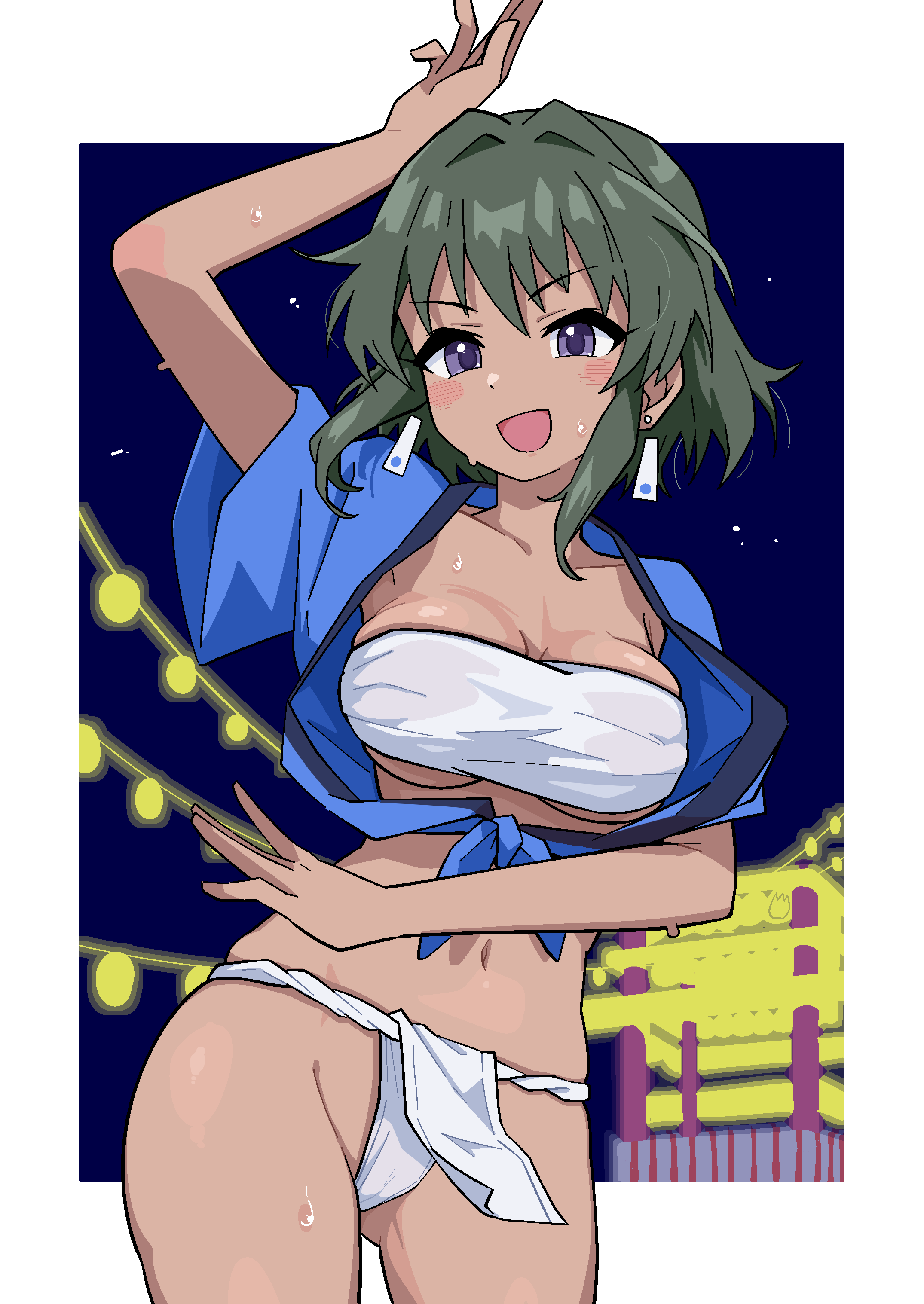 ohgi910, natalia (idolmaster), idolmaster, idolmaster cinderella girls, absurdres, highres, 1girl, :d, arm up, blush stickers, border, breasts, cowboy shot, dancing, dark-skinned female, dark skin, earrings, festival, fundoshi, green hair, happi, japanese clothes, jewelry, looking at viewer, mizu happi, navel, night, open mouth, outdoors, outside border, purple eyes, short hair, smile, solo, standing, sweat, white border