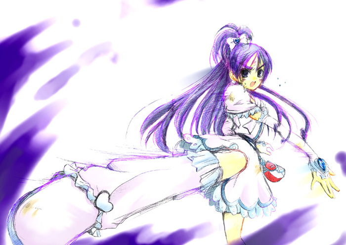 nekoyanagi matasaburou, cure white, yukishiro honoka, futari wa precure, precure, 00s, 1girl, blue eyes, blue hair, boots, female focus, half updo, knee boots, long hair, matching hair/eyes, purple hair, solo, white boots