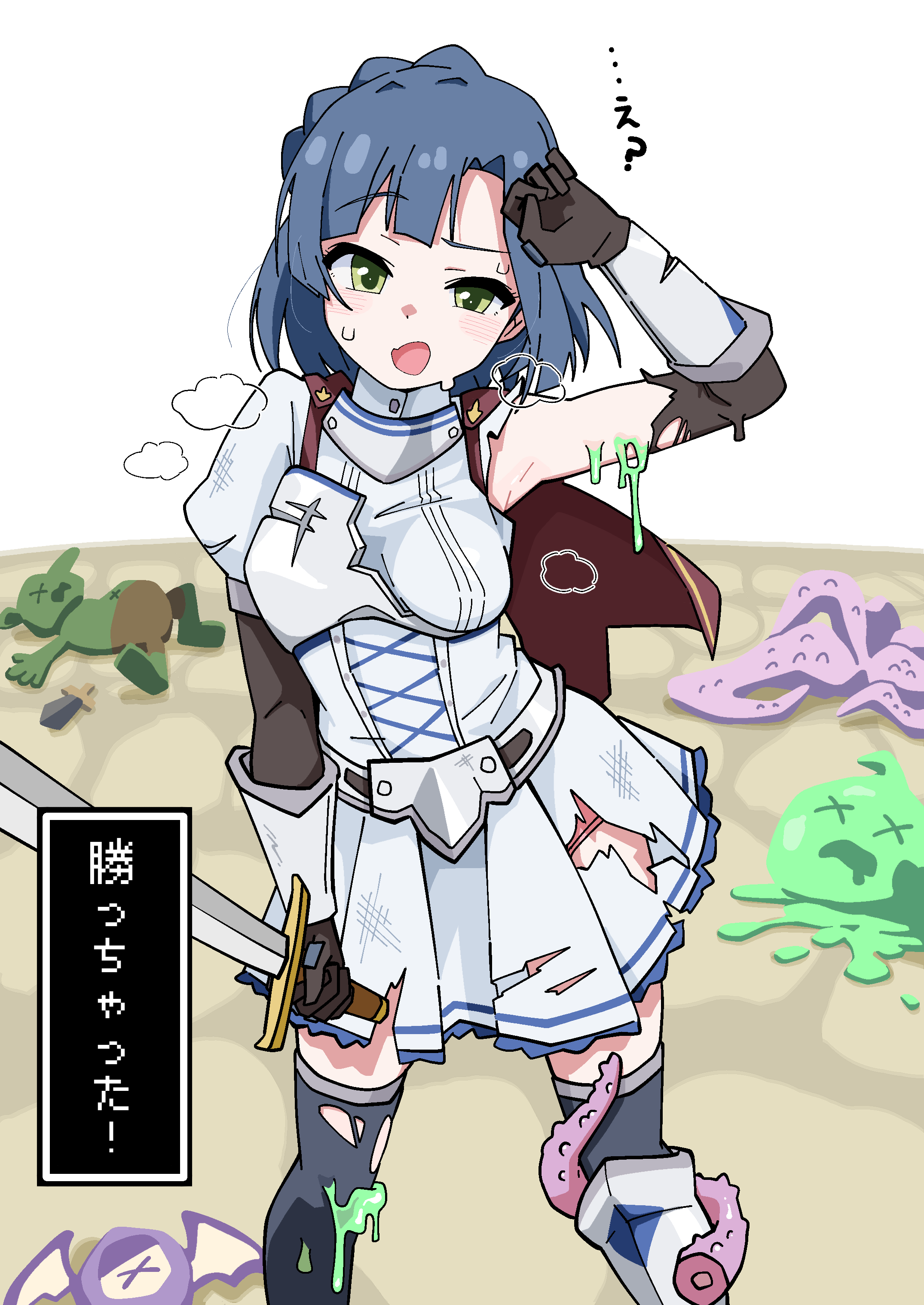ohgi910, nanao yuriko, idolmaster, idolmaster million live!, absurdres, commentary request, highres, translation request, 1girl, armor, blue hair, breasts, goblin, green eyes, holding, holding sword, holding weapon, medium breasts, short hair, slime (creature), solo focus, sword, thighhighs, torn clothes, weapon