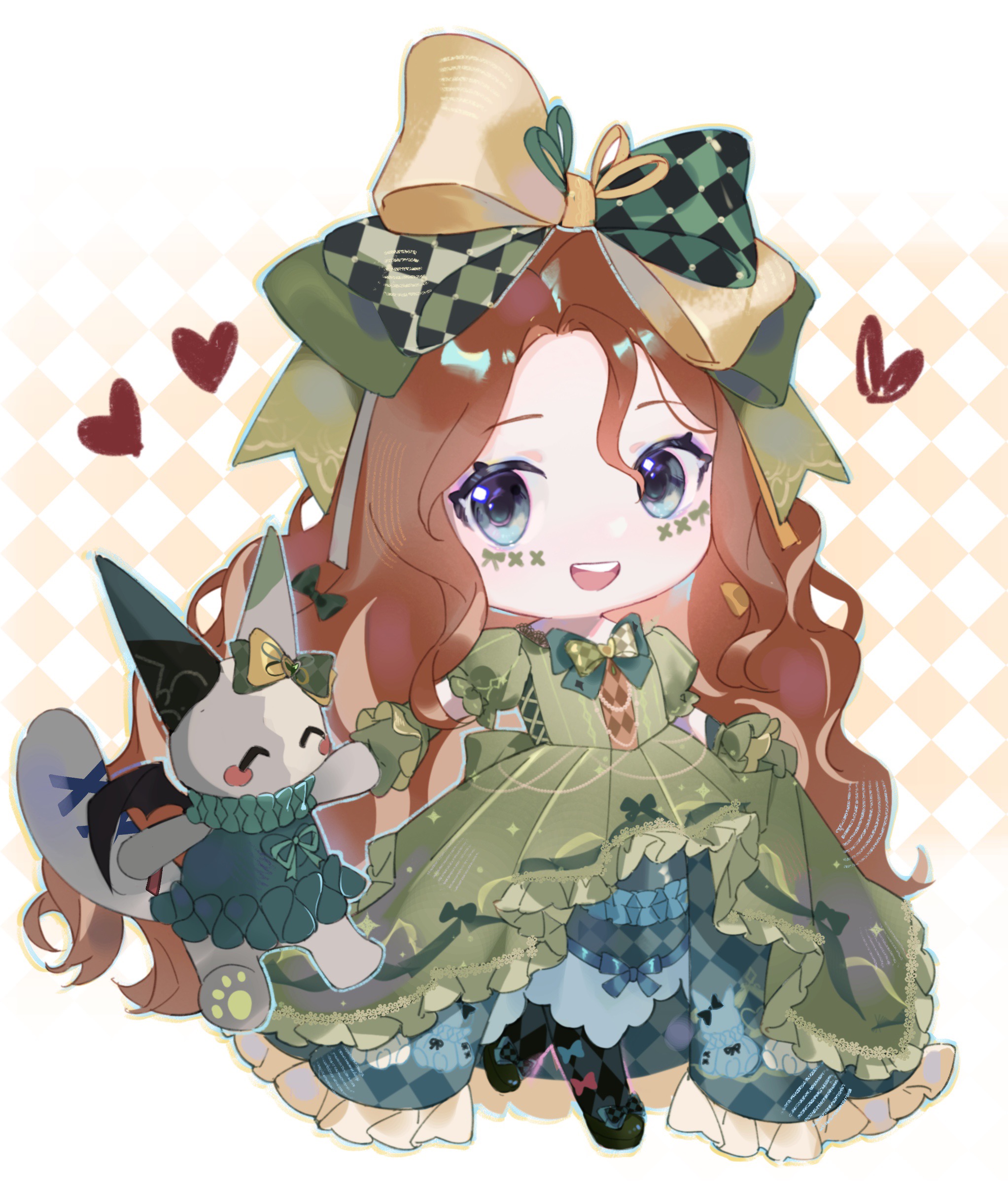 crimson rhapsody (infinity nikki), esseling (infinity nikki), felispirit sack (infinity nikki), infinity nikki, nikki (series), absurdres, highres, 1girl, argyle background, argyle bow, argyle clothes, argyle dress, black pantyhose, black shoes, blue eyes, border, bow, bow legwear, bowtie, brown hair, chibi, dress, eyelashes, facepaint, footwear bow, frilled dress, frilled wrist cuffs, frills, gloves, gown, green bow, green bowtie, green dress, green gloves, green ribbon, green wrist cuffs, hair between eyes, hair bow, hair ribbon, happy, heart, hime lolita, holding hands, large bow, light blush, lolita fashion, long hair, looking at creature, multiple hair bows, official alternate color, open mouth, outside border, pantyhose, puffy short sleeves, puffy sleeves, ribbon, shoes, short sleeves, skirt hold, smile, solo, teeth, two-tone background, two-tone bow, two-tone bowtie, two-tone ribbon, upper teeth only, very long hair, wavy hair, white background, white border, white bow, white bowtie, white pantyhose, wrist cuffs, yellow background, yellow bow, yellow ribbon, yutoutoutoutoutou