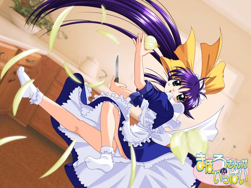 andou mahoro, mahoromatic, blue hair, green eyes, knife, maid, panties, underwear