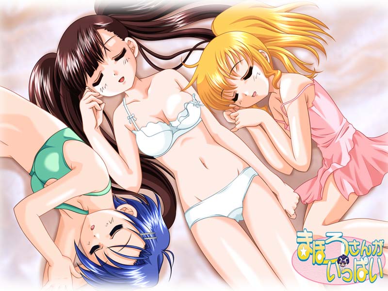 ooe chizuko, sakura miyuki, todoriki rin, mahoromatic, 3girls, bed, blonde hair, blue hair, bra, brown hair, lingerie, lying, multiple girls, panties, sleeping, underwear, underwear only
