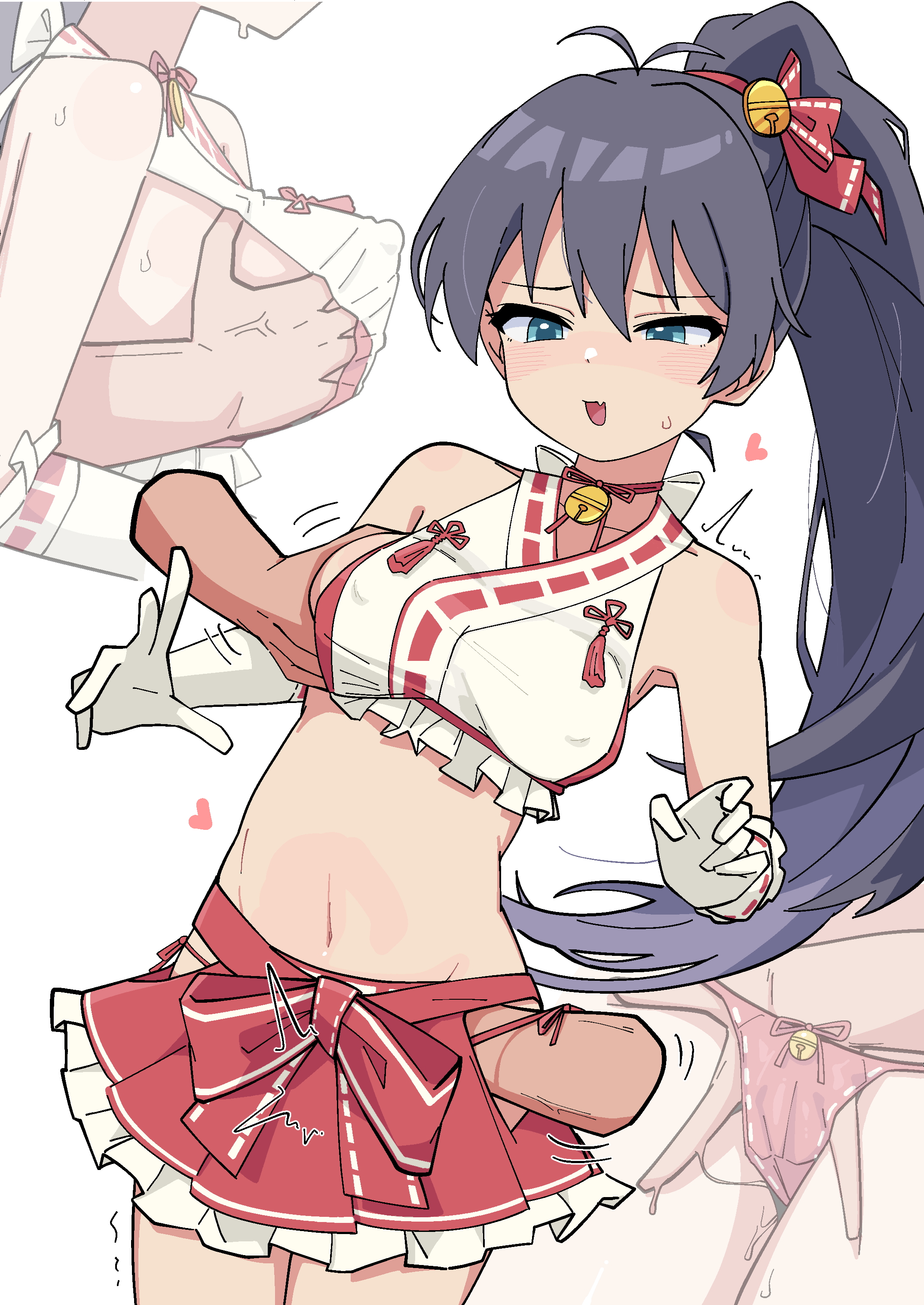 ohgi910, ganaha hibiki, idolmaster, idolmaster (classic), idolmaster million live!, idolmaster million live! theater days, absurdres, highres, 1boy, 1girl, anger vein, antenna hair, armpits, aroused, bare shoulders, bell, bikini, black hair, blush, bow, breasts, clothing cutout, collarbone, concept maihime (idolmaster), covered erect nipples, dot nose, double-parted bangs, elbow gloves, fang, fingering, frilled gloves, frilled shirt, frilled skirt, frills, gloves, grabbing another's breast, groin, groping, hair bell, hair ornament, hair ribbon, halter shirt, halterneck, hand in another's skirt, hand on another's crotch, heart, hip vent, jingle bell, large breasts, long hair, midriff, miniskirt, motion lines, multiple views, navel, neck bell, nipple stimulation, nontraditional miko, nose blush, open mouth, pink bikini, pink ribbon, pink skirt, pleated skirt, ponytail, ribbon, ribbon-trimmed gloves, ribbon-trimmed shirt, ribbon-trimmed thighhighs, ribbon trim, shirt, side-tie bikini bottom, sidelocks, simple background, skin fang, skirt, sleeveless, sleeveless shirt, sweat, swimsuit, thighhighs, trembling, very long hair, waist bow, white background, white gloves, white thighhighs