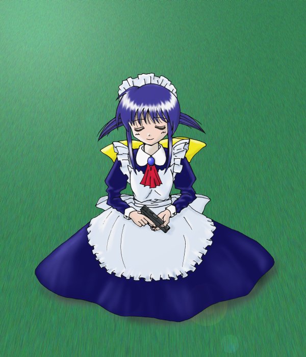 andou mahoro, mahoromatic, blue hair, gun, maid, weapon