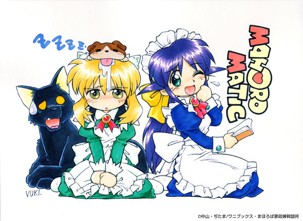 andou mahoro, andou minawa, mahoromatic, blonde hair, blue hair, green eyes, maid, slashing