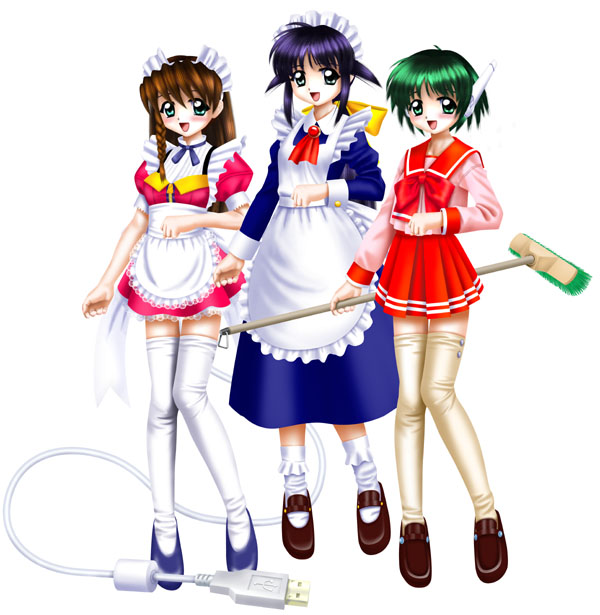 andou mahoro, cyberdoll may, multi (to heart), hand maid may, mahoromatic, to heart, to heart (series), 00s, 3girls, blue hair, brown hair, green eyes, green hair, maid, multiple girls, school uniform, serafuku, thighhighs