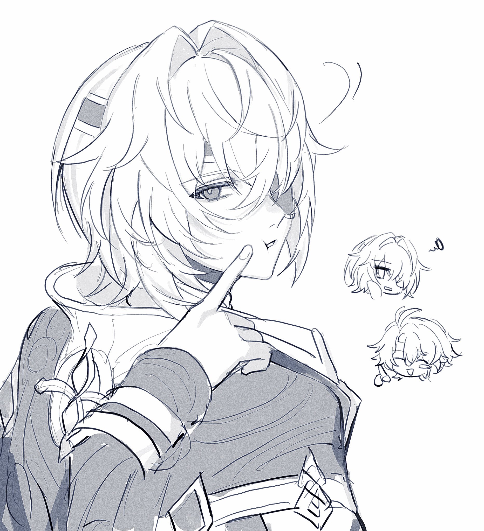 anaxa (honkai: star rail), phainon (honkai: star rail), honkai: star rail, honkai (series), highres, 2boys, annoyed, antenna hair, cheek poking, chibi, closed eyes, eyepatch, fz7047, hair between eyes, hair intakes, half-closed eyes, hand up, jacket, looking at viewer, male focus, medium hair, monochrome, multiple boys, multiple views, one eye covered, open mouth, parted bangs, poking, pov, short hair, smile, turning head