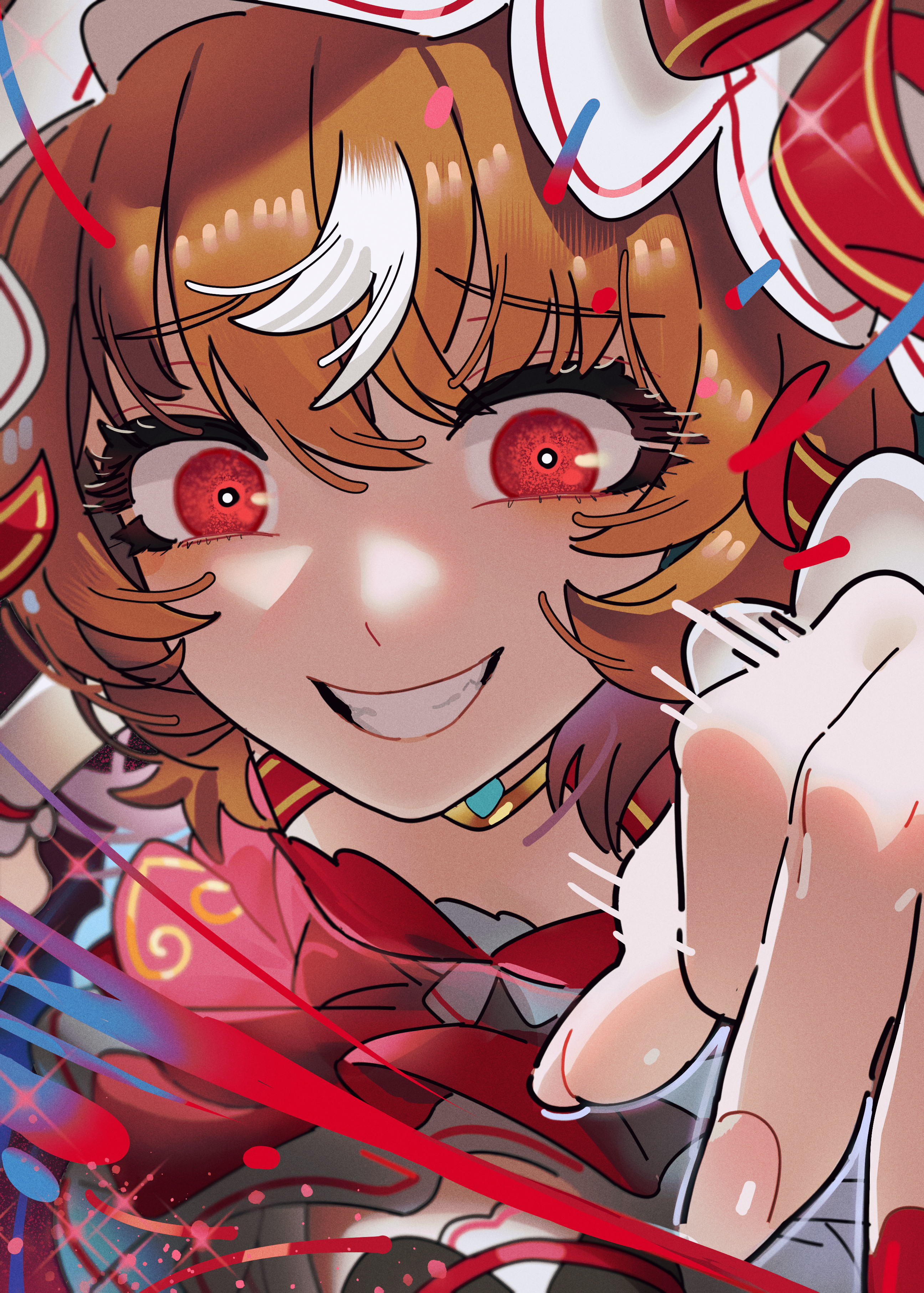 sarcophage, still in love (umamusume), umamusume, absurdres, highres, 1girl, animal ears, bright pupils, brown hair, crazy eyes, dress, fingernails, horse ears, horse girl, horse tail, nail polish, portrait, red dress, red eyes, red ribbon, ribbon, shawl, smile, solo, tail, teeth, white pupils, white shawl