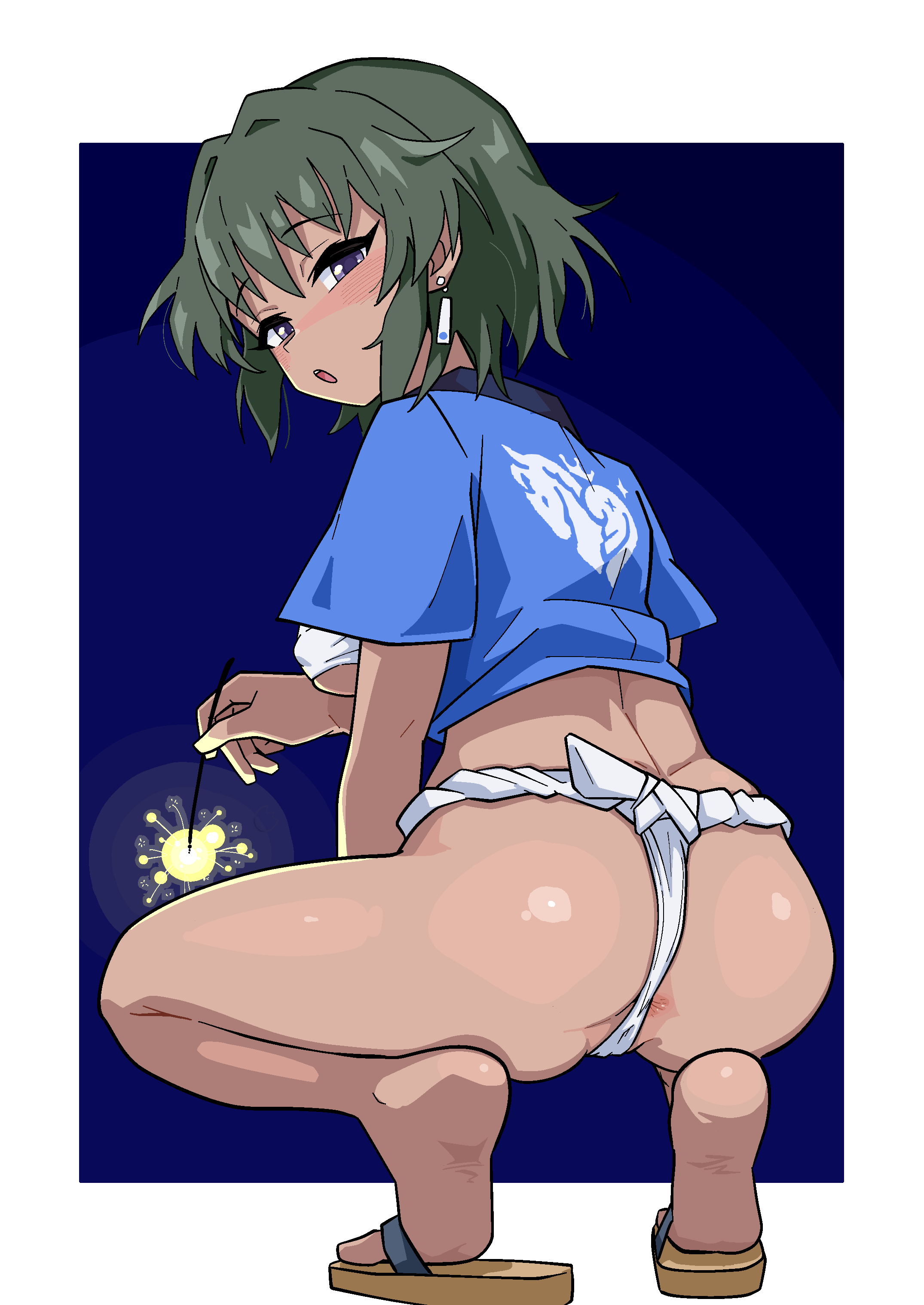 ohgi910, natalia (idolmaster), idolmaster, idolmaster cinderella girls, absurdres, commentary request, highres, 1girl, anus, ass, blush, breasts, dark-skinned female, dark skin, fundoshi, japanese clothes, looking at viewer, short hair, solo, squatting