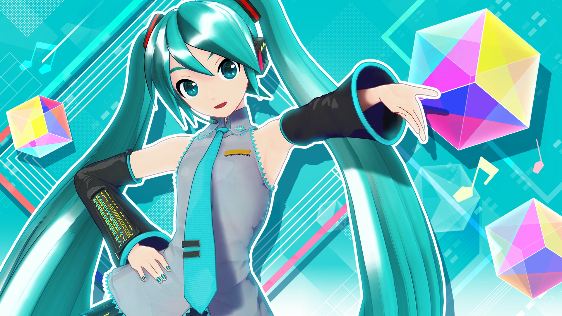 hatsune miku, project diva (series), vocaloid, game cg, highres, non-web source, official art, tagme, 1girl, 3d, armband, black armband, blue eyes, blue hair, blue nails, hand on own hip, headphones, long hair, musical note, necktie, project diva mega39's, skirt, sleeveless
