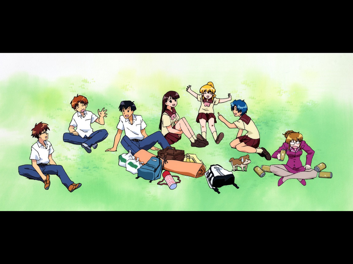 hamaguchi toshiya, kawahara kiyomi, misato suguru, ooe chizuko, sakura miyuki, shikijou saori, todoriki rin, mahoromatic, black hair, blonde hair, blue hair, brown hair, glasses, school uniform, serafuku