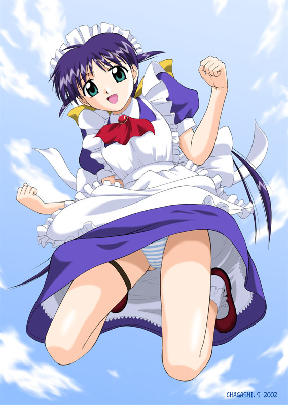 andou mahoro, mahoromatic, blue hair, green eyes, maid, panties, underwear