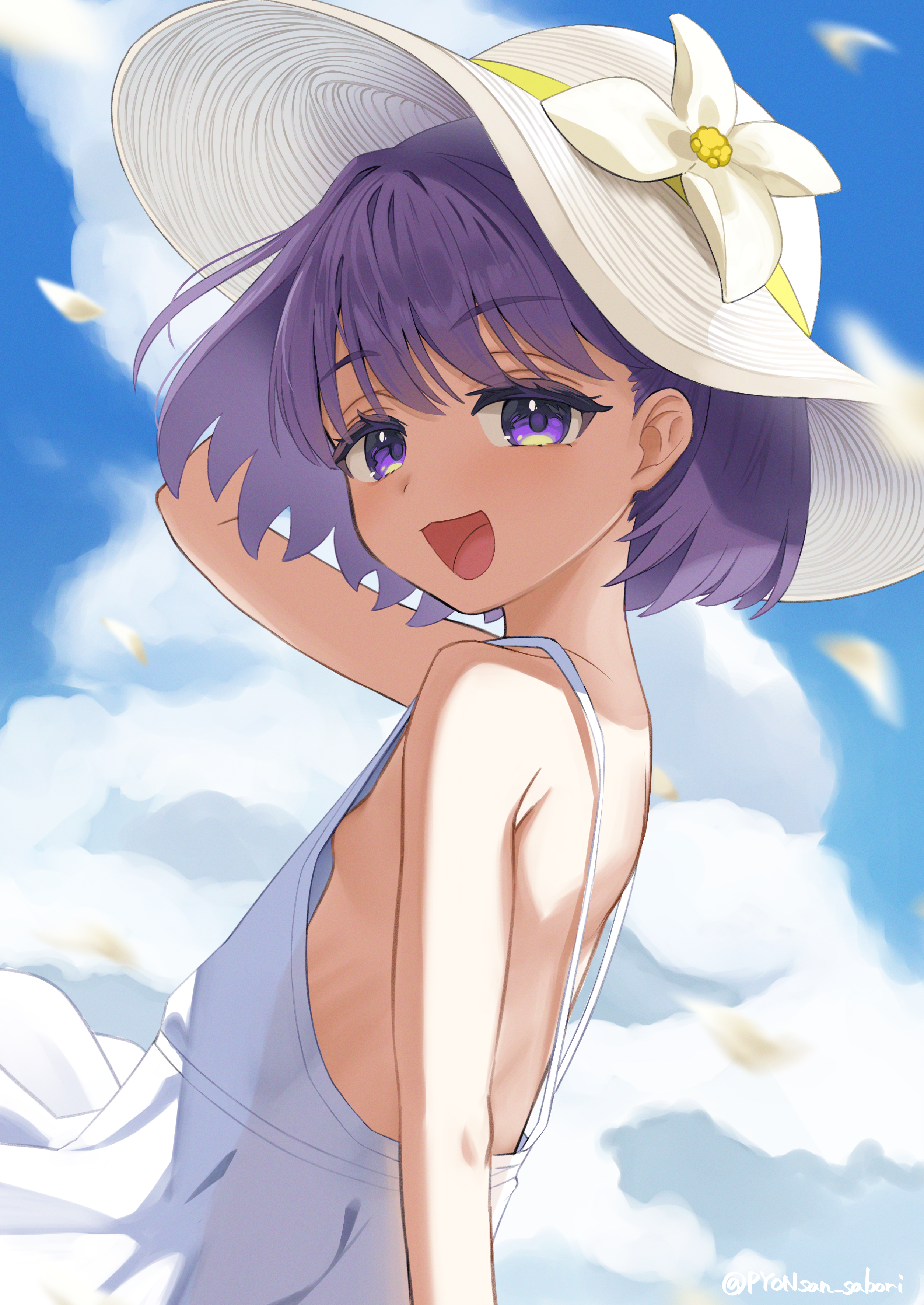 pyonsan, kazuradrop (fate), fate/grand order, fate (series), absurdres, highres, 1girl, dress, flat chest, flower, from side, hat, looking at viewer, open mouth, purple eyes, purple hair, short hair, sky, smile, solo, white dress